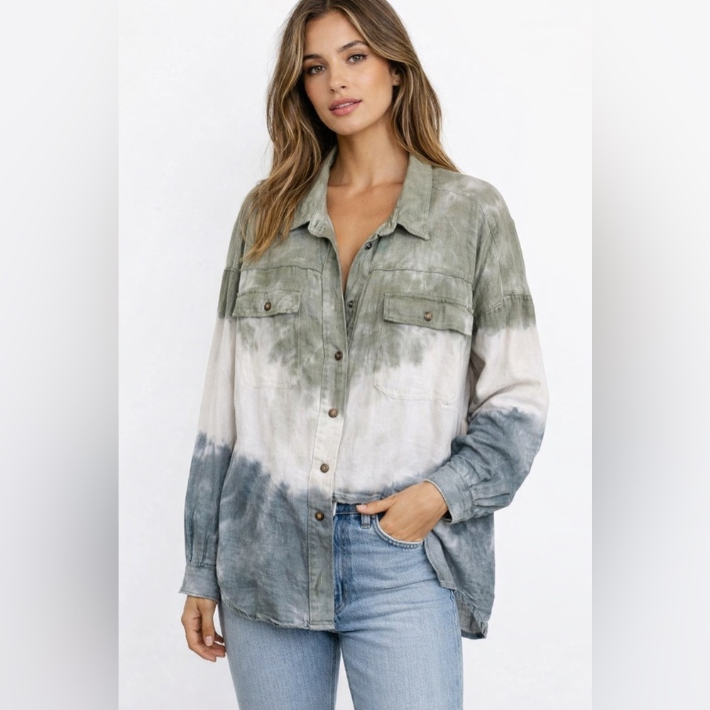 POL Women’s 100% Tie-Dye Boho Hippie Button-Up Shirt Ocersized Shacket Sz S